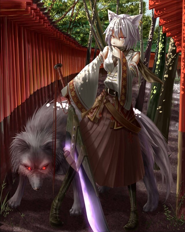 anime girl with wolf and sword