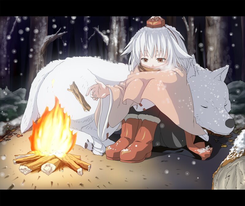 Anime girl with wolf by fire