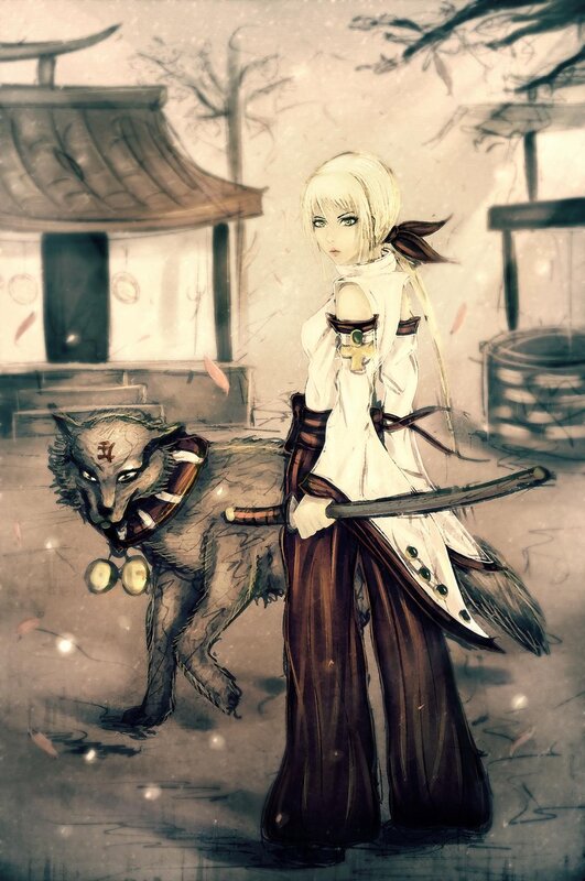anime girl with wolf companion