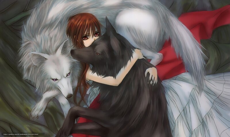 Anime girl with wolf companions