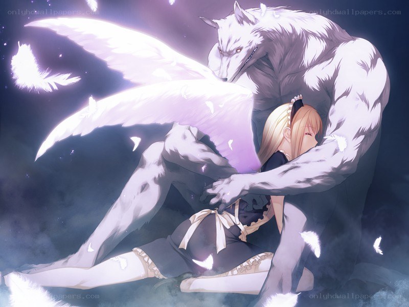Anime girl with wolf creature
