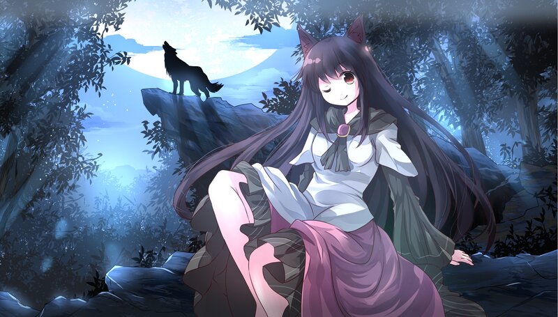 Anime Girl with Wolf Ears — Blue, Serene, Night