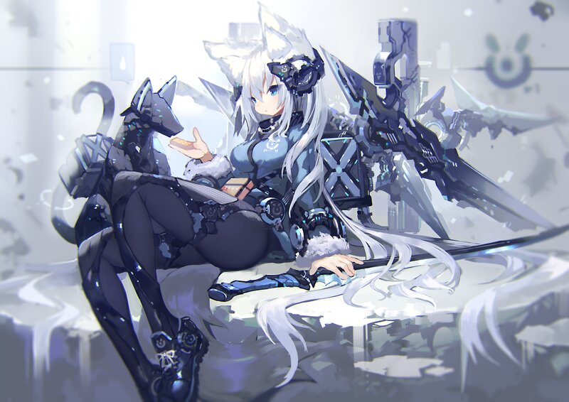 Anime Girl with Wolf Ears — White, Dramatic, Digital Art
