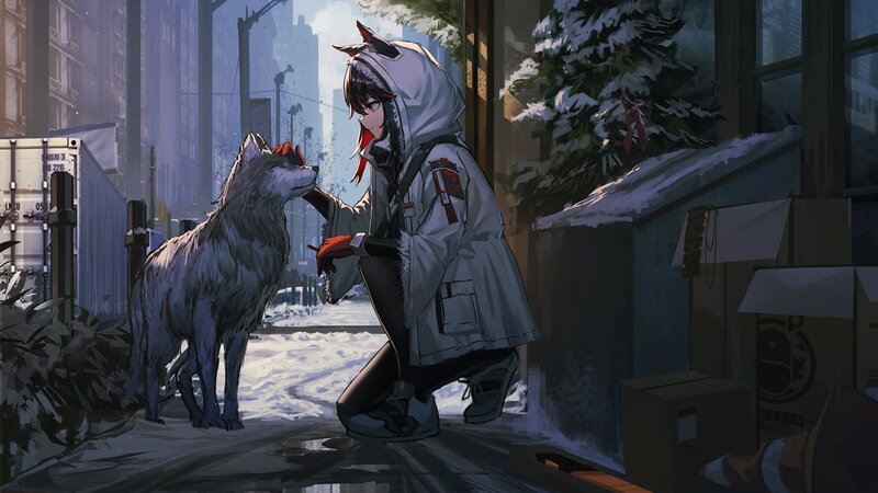 Anime Girl with Wolf — Gray, Calm