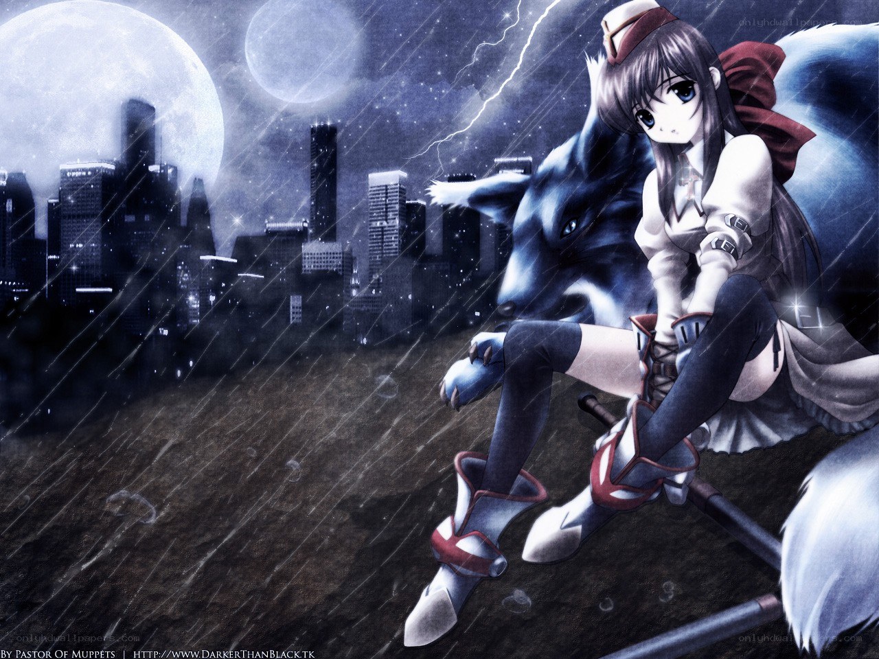 anime girl with wolf in storm