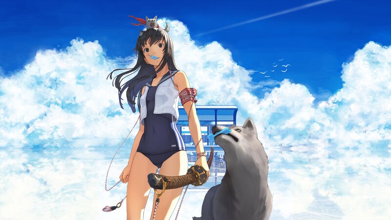 anime girl with wolf on beach