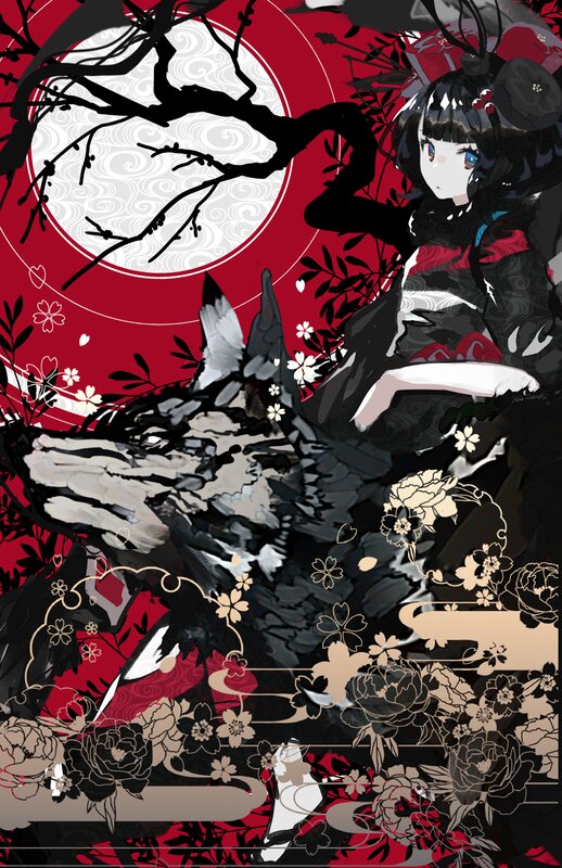 Anime Girl with Wolf — Red