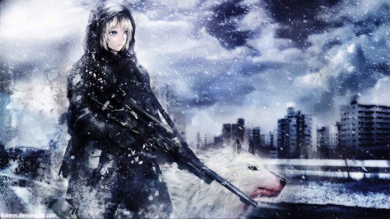 Anime Girl with Wolf — White, Dramatic