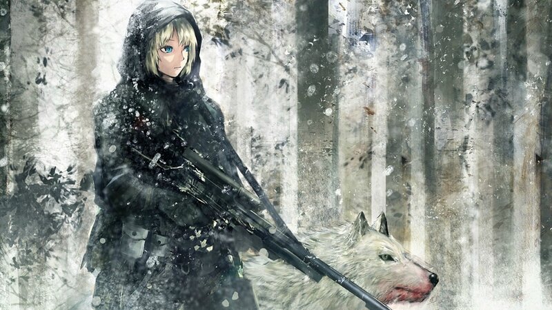 Anime Girl with Wolf — White