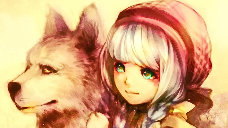 Anime Girl with Wolf — Yellow