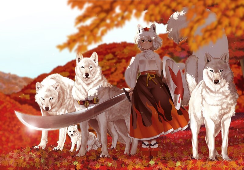 Anime girl with wolves in autumn