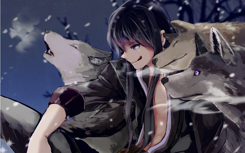 Anime girl with wolves in snow
