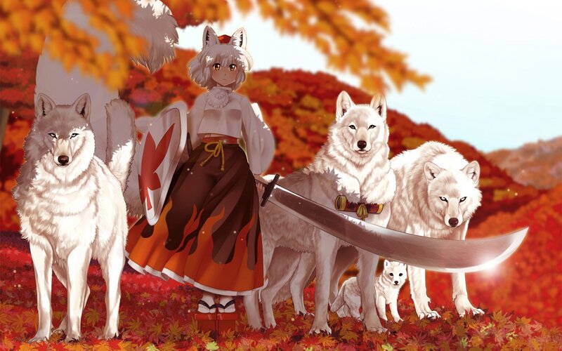 Anime Girl with Wolves — Red, Serene, Autumn