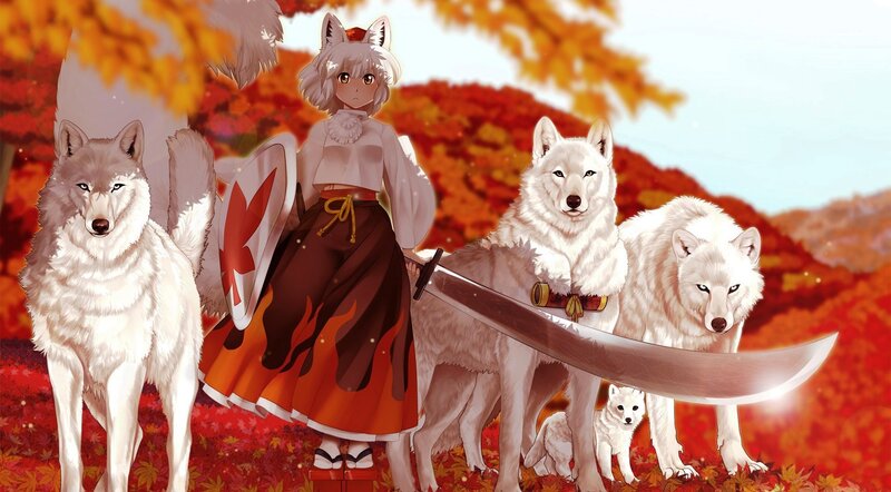 Anime Girl with Wolves — Red, Serene