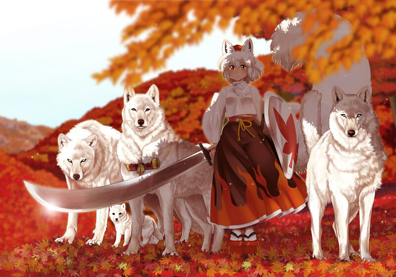 Anime Girl with Wolves — Red