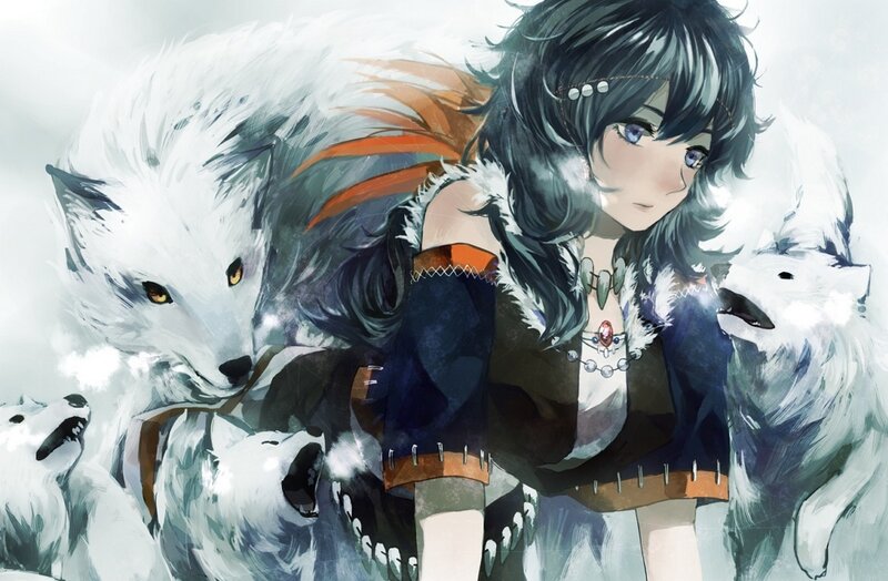 Anime Girl with Wolves — White