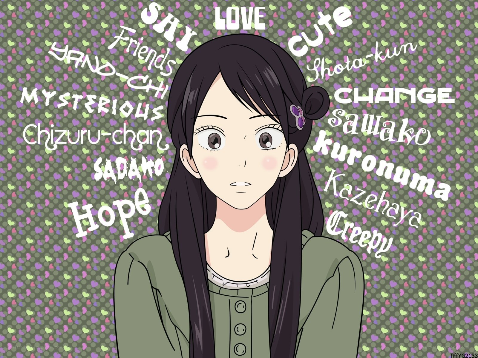 anime girl with words around her