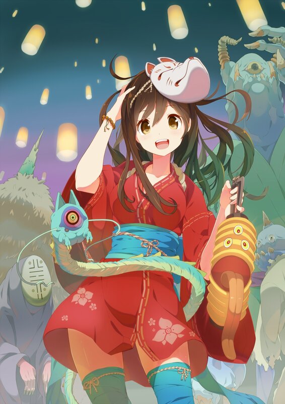 Anime girl with yokai and lanterns