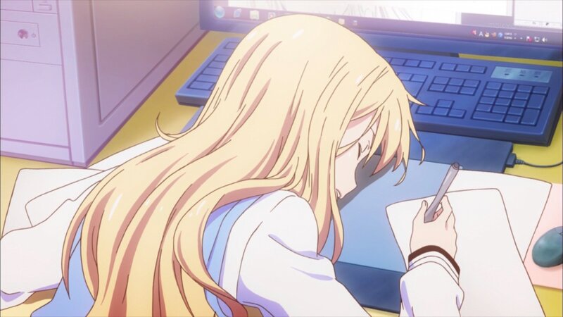 anime girl writing at desk