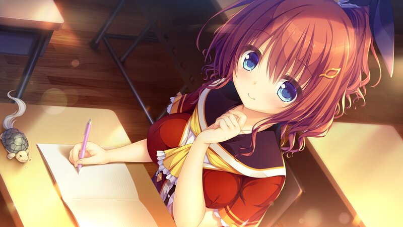 Anime Girl Writing at Desk — Purple