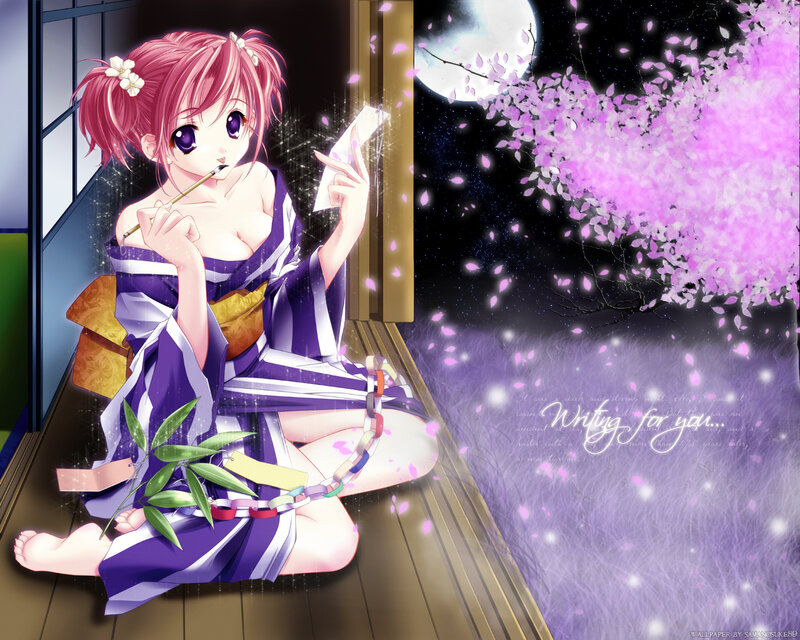 Anime girl writing at night