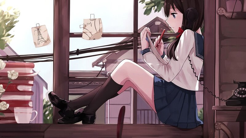 Anime Girl Writing — Blue, Calm, Afternoon