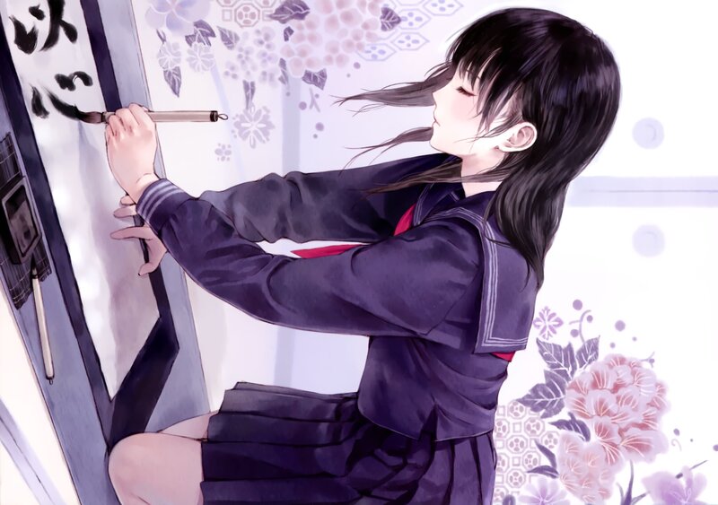 Anime Girl Writing Calligraphy — Purple