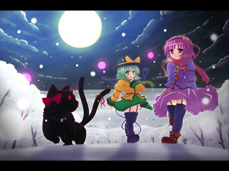 Anime girls and cat in snow