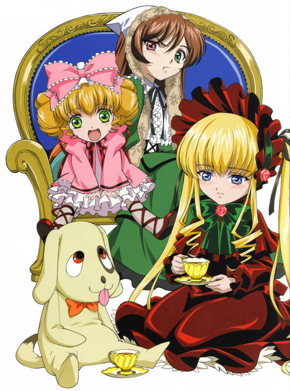 anime girls and dog tea party