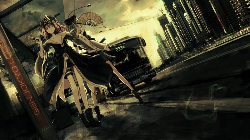 Anime girls at a bus stop