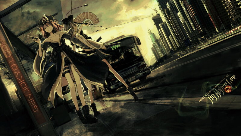 Anime girls at a bus stop