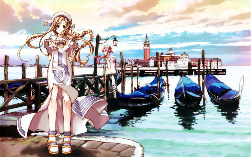 anime girls at a gondola dock