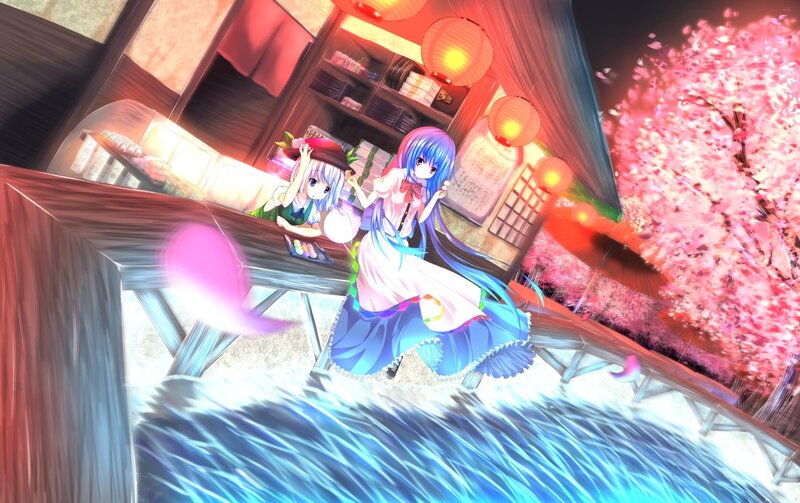 Anime girls at a riverside shop