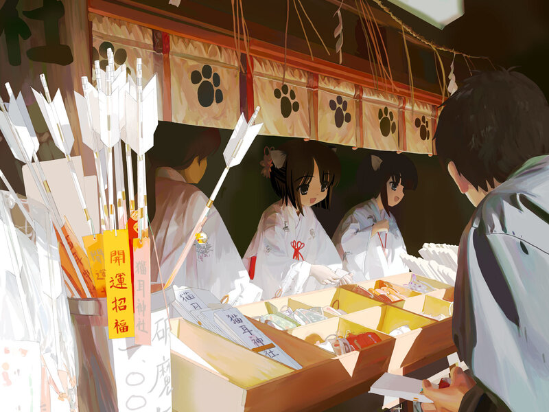 Anime girls at a shrine stall