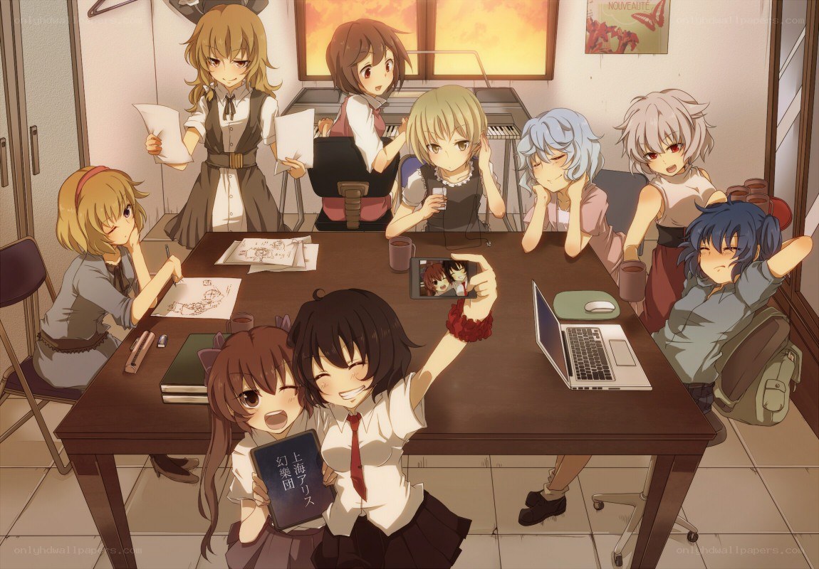 Anime girls at a table
