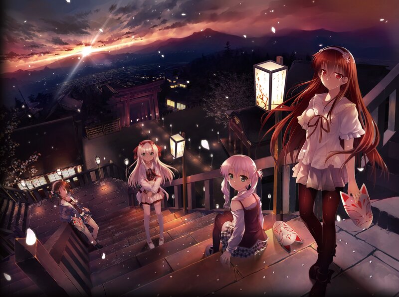 Anime girls at a temple at dusk