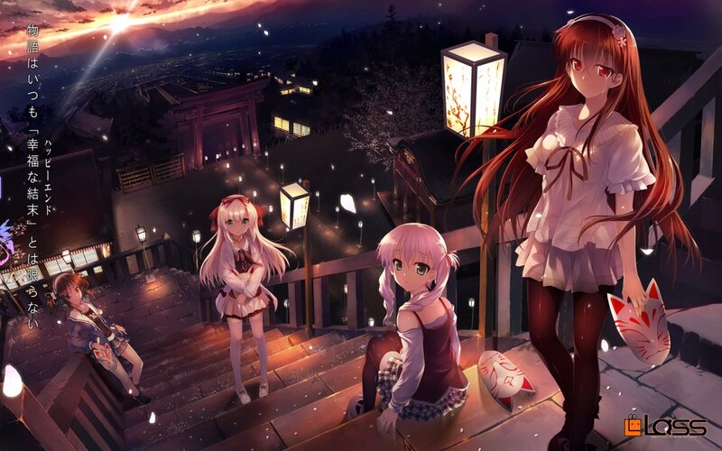 Anime girls at a temple at dusk