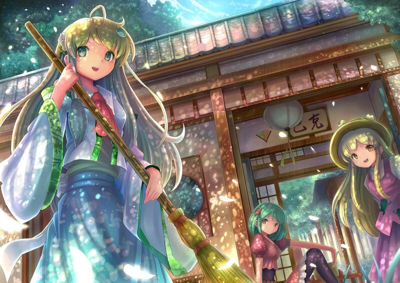 Anime girls at a traditional house