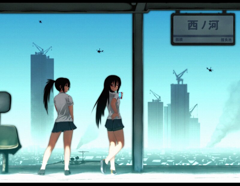 Anime girls at a train station