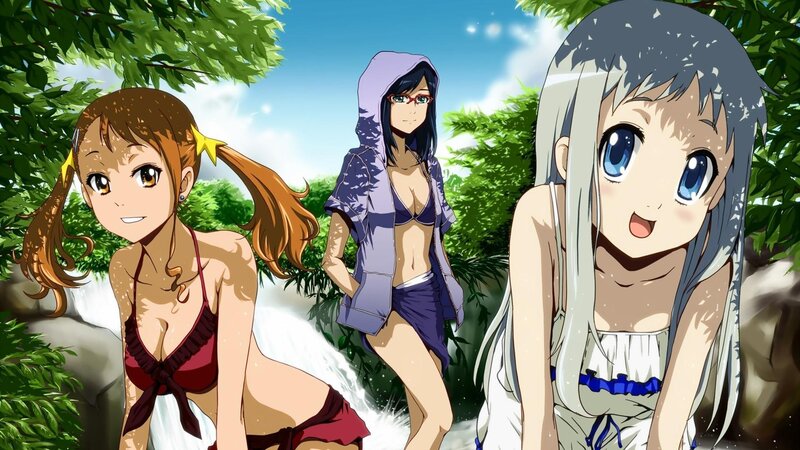 anime girls at a waterfall