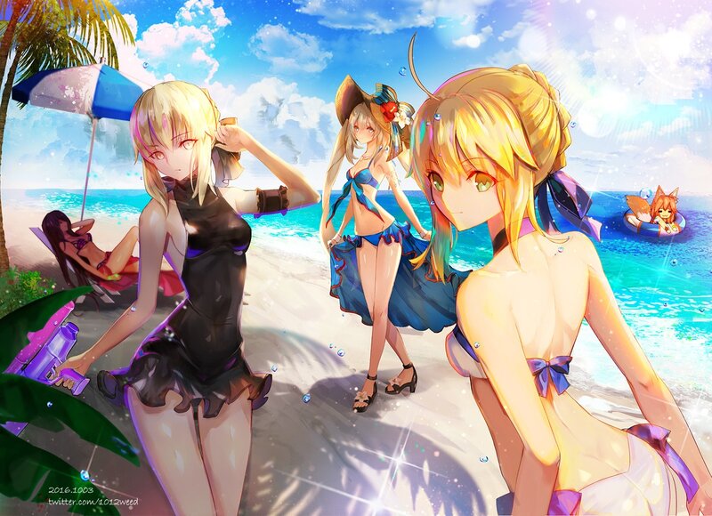 Anime Girls at Beach — Blue, Bright, Sunny