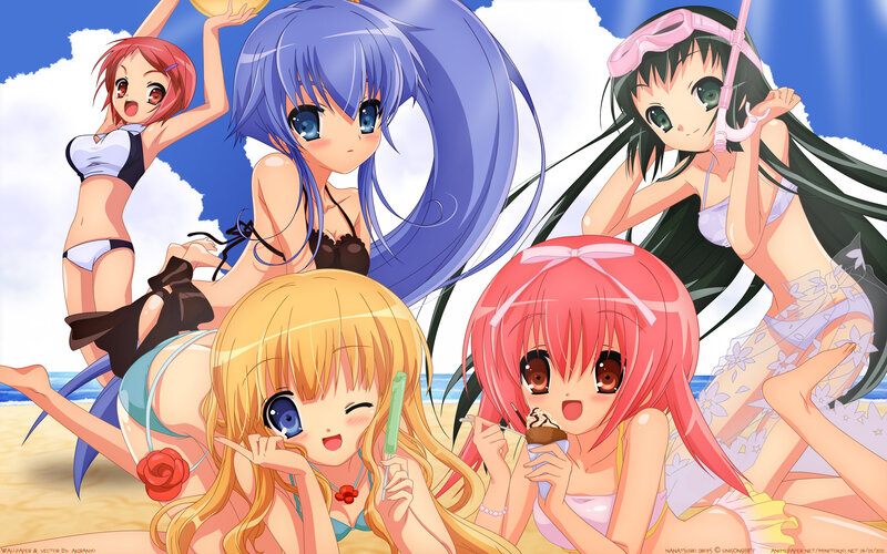 Anime Girls at Beach — Blue, Cheerful