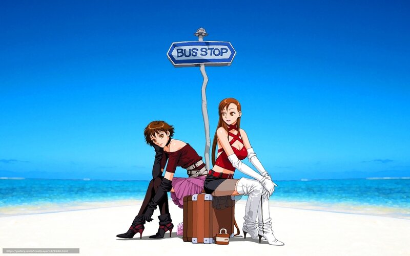 Anime girls at beach bus stop