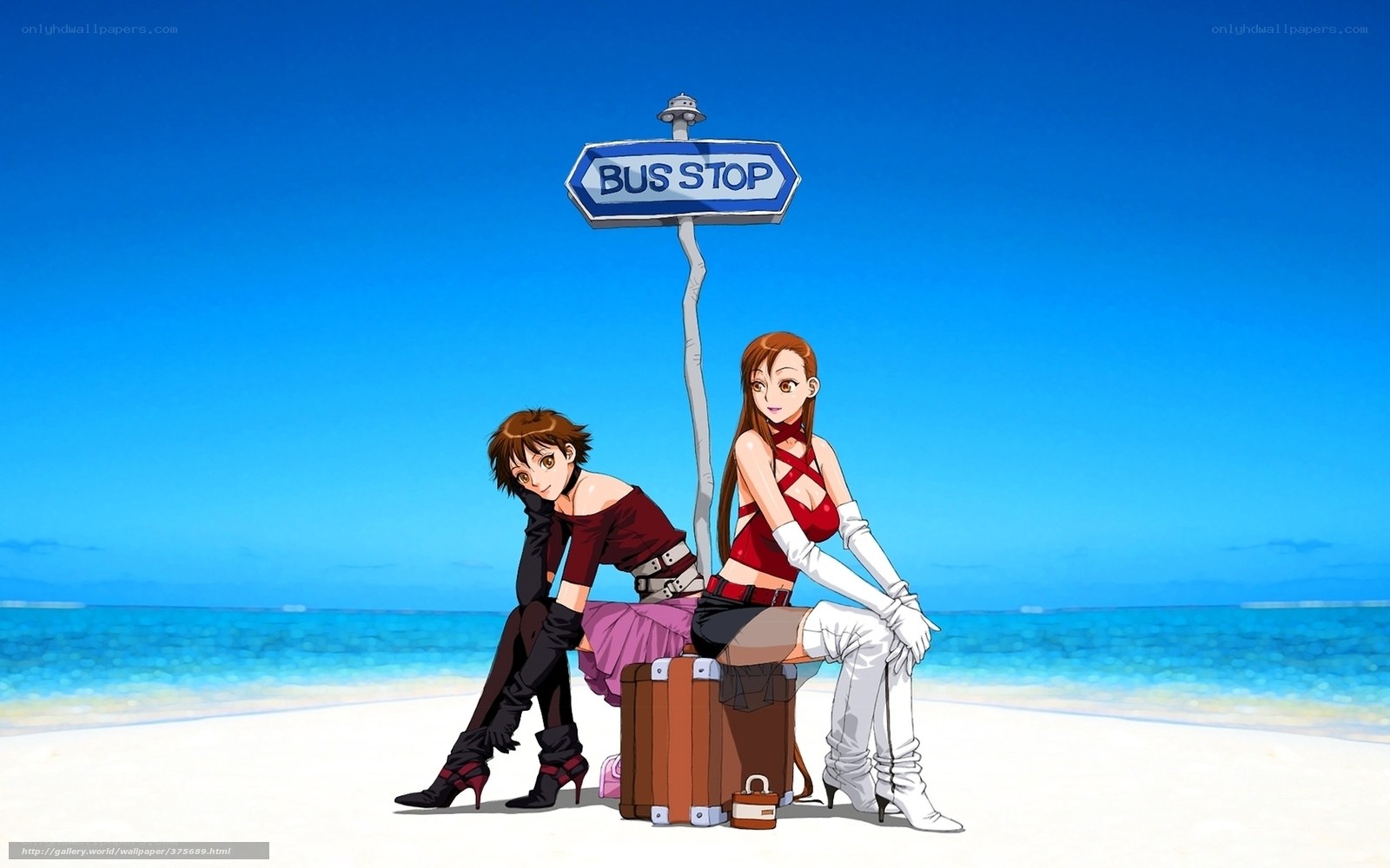 Anime girls at beach bus stop