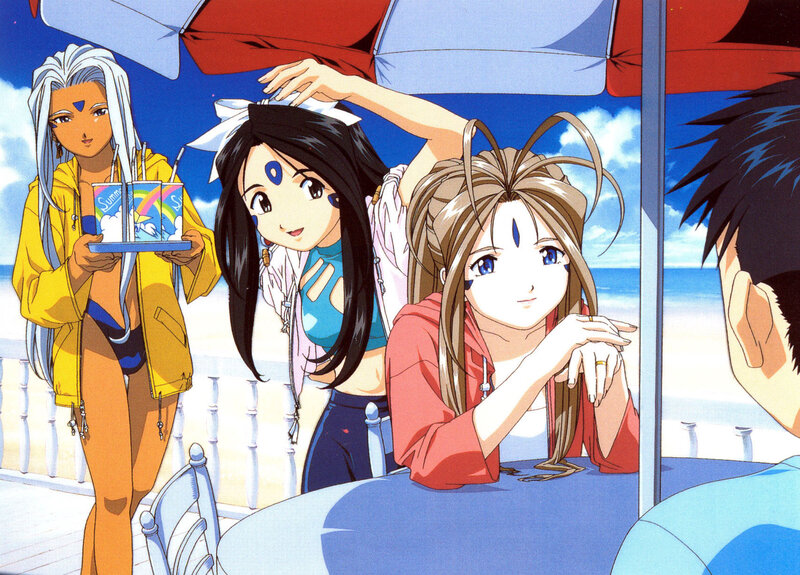 Anime girls at beach cafe