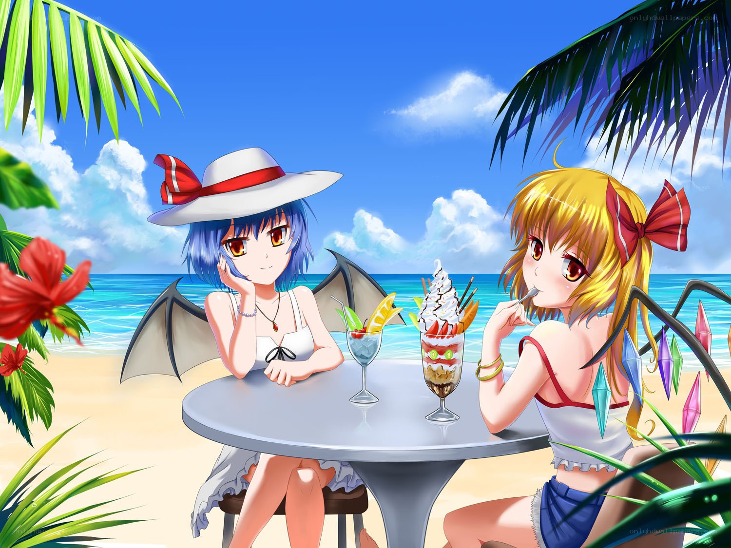 Anime girls at beach dessert
