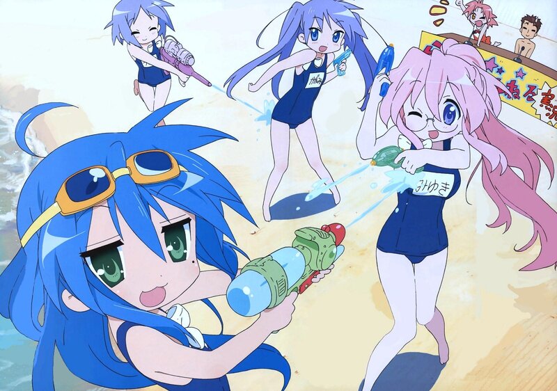 Anime girls at beach water fight