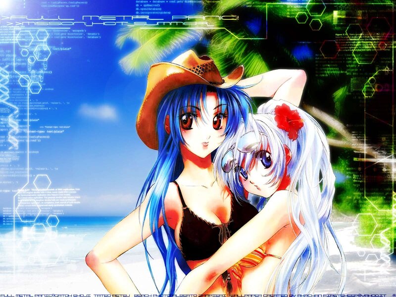 Anime girls at beach with digital overlay