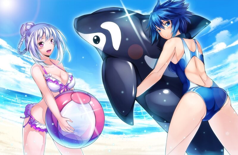 Anime girls at beach with orca