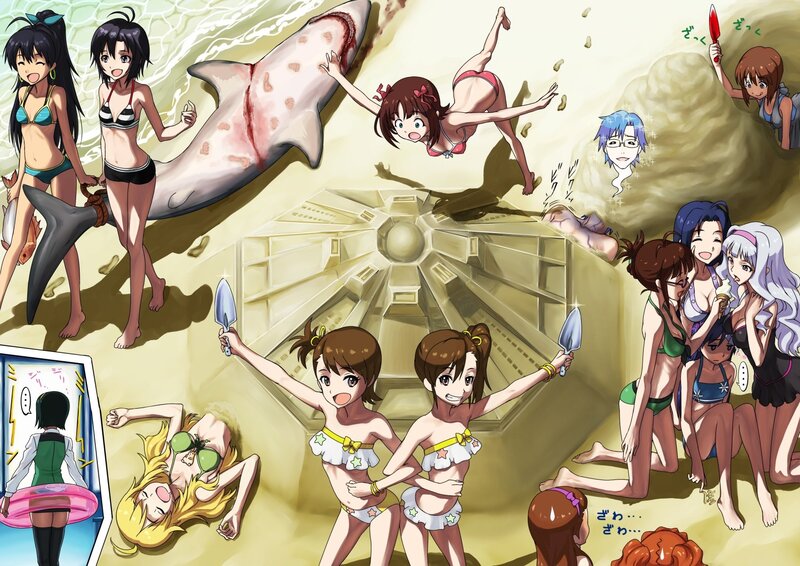 Anime girls at beach with shark